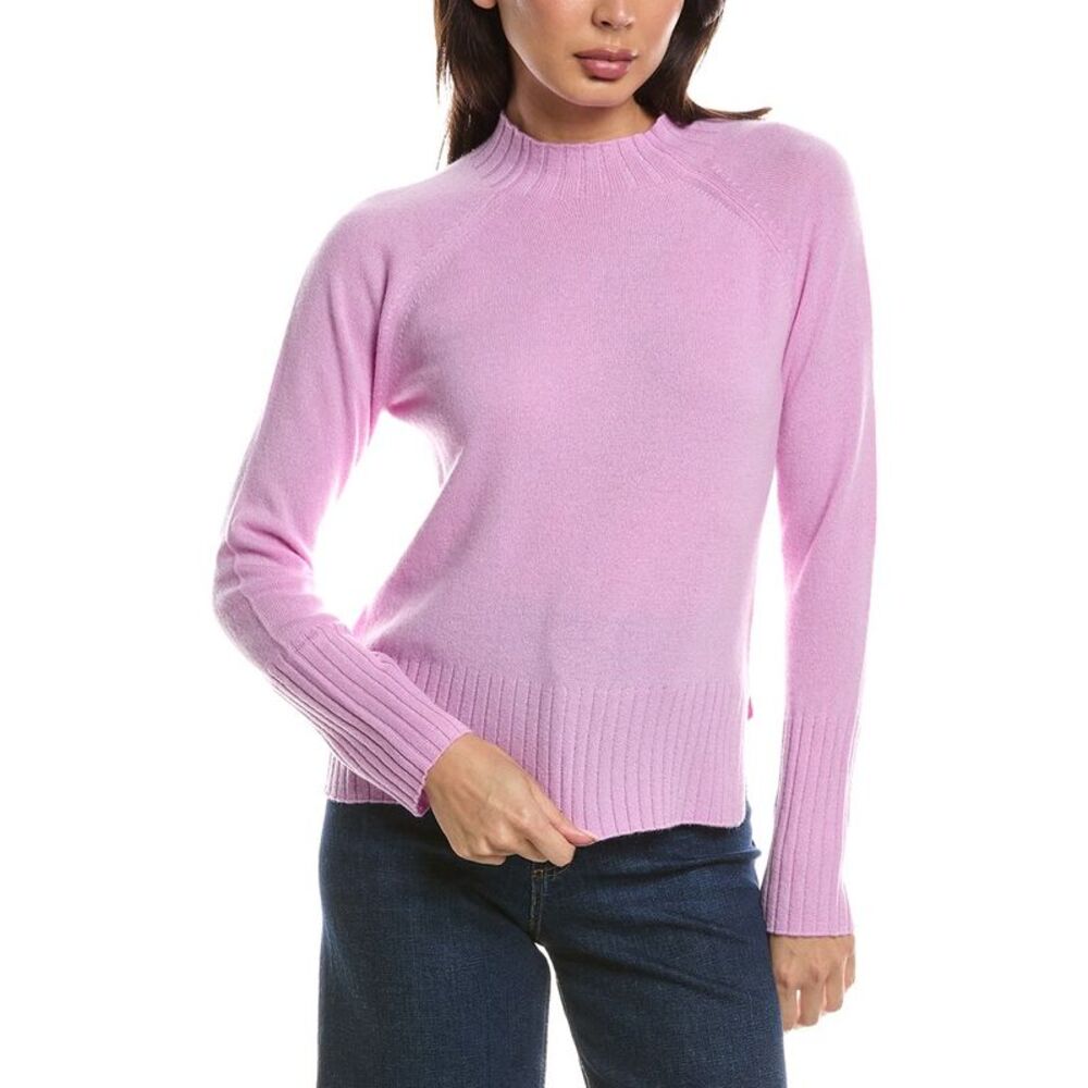 Forte Cashmere Womens  Rib Trim Hi Low Funnel Neck 100% Cashmere Sweater, Blue